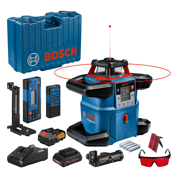 Bosch GRL 600 CHV Laser-Nivelliergerät mit Zubehör. Produktbild Lieferumfang