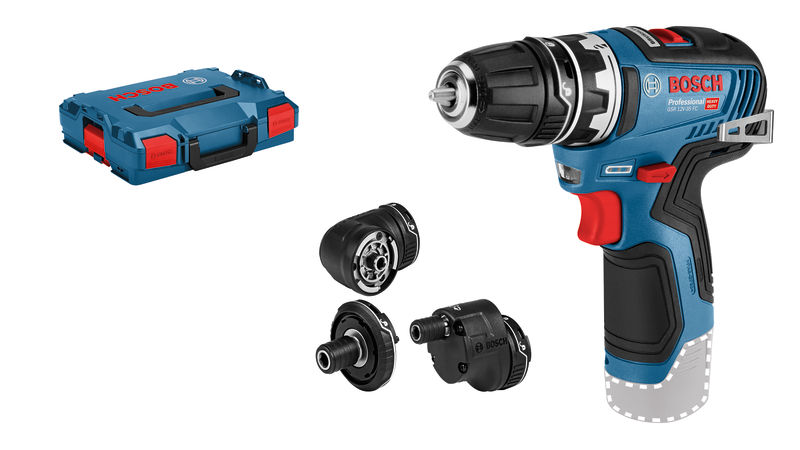 Bosch GSR 12V-35 FC Akku-Bohrschrauber-Set mit Aufsätzen. Produktbild Lieferumfang