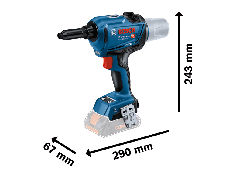 Akku-Nietgerät GRG 18V-16 C von Bosch mit Maßangaben. Produktbild