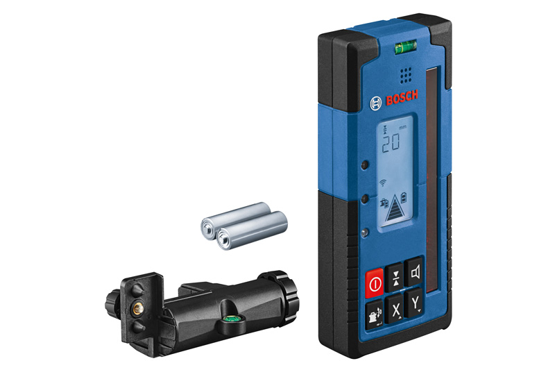 Bosch Laserempfänger mit Halterung und Batterien. Produktbild dynamisch