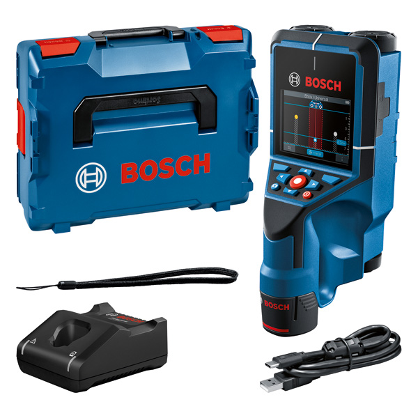 Bosch D-Tect 200 C Wandscanner mit Display und Zubehör. Produktbild Lieferumfang