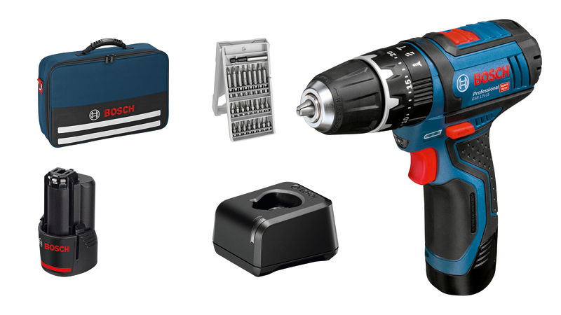 Bosch GSB 12V-15 Akku-Bohrschrauber-Set mit Zubehör. Produktbild Lieferumfang