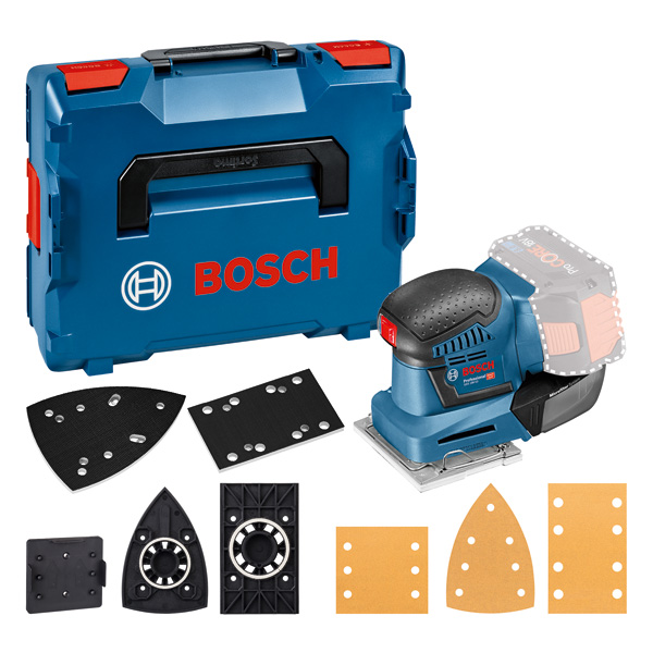 Bosch GSS 18V-10 Akku-Exzenterschleifer-Set. Produktbild Lieferumfang