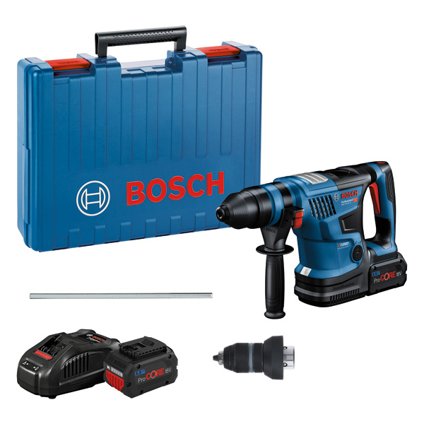 Bosch GBH 18V-34 CF Bohrhammer mit Koffer und Zubehör. Produktbild Lieferumfang