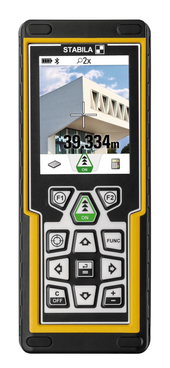 STABILA Laser-Entfernungsmesser LD 520, digitale Zielerfassung, Bluetooth Smart 4.0, max. Messbereich 200 m, 18 Funktionen (u. a. Neigungsmesser), IP 54, Tasche, Handschlaufe, inkl. Batterien (2 x AA) STD