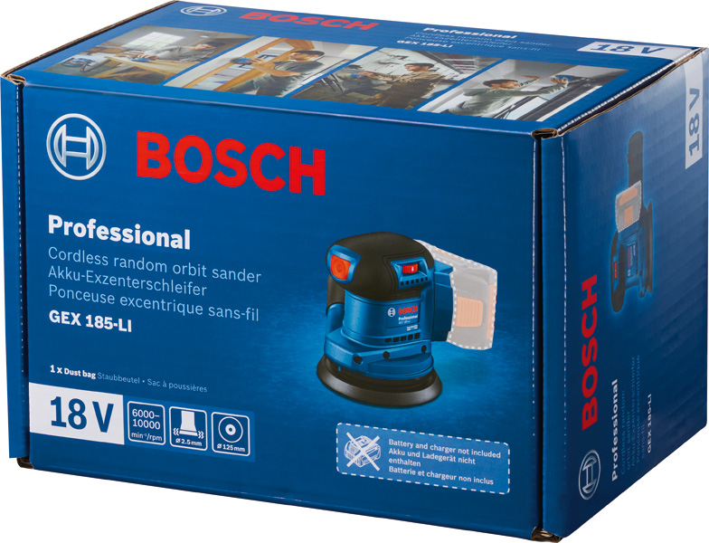 Akku-Exzenterschleifer mit Staubbeutel, abgebildet auf einer blauen Produktverpackung. Anwendungsbild
