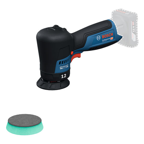 Bosch GPX 12V-77 Akku-Poliermaschine mit Schaumstoffpad. Produktbild Lieferumfang