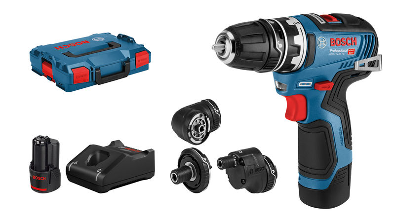 Bosch GSR 12V-35 FC Akku-Bohrschrauber-Set mit Aufsätzen. Produktbild Lieferumfang