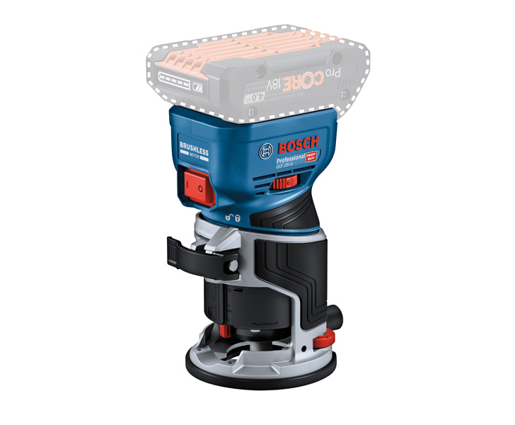 Akku-Handfräser GKF 18V-8 von Bosch mit bürstenlosem Motor. Produktbild dynamisch