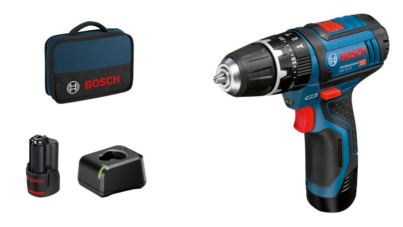Bosch GSB 12V-15 Akku-Bohrschrauber-Set mit Akku und Koffer. Produktbild Lieferumfang