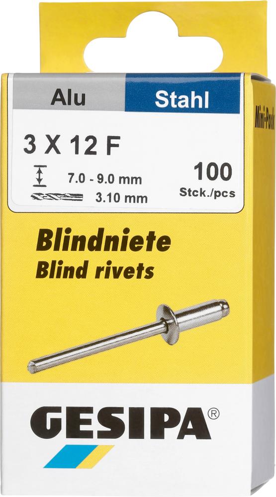 Blindniet Alu/Stahl Flachrundkopf Mini-Pack 3x12mm a 100Stück GESIPA Blindniet Alu/Stahl Flachrundkopf Mini-Pack 3x12mm a 100Stück GESIPA