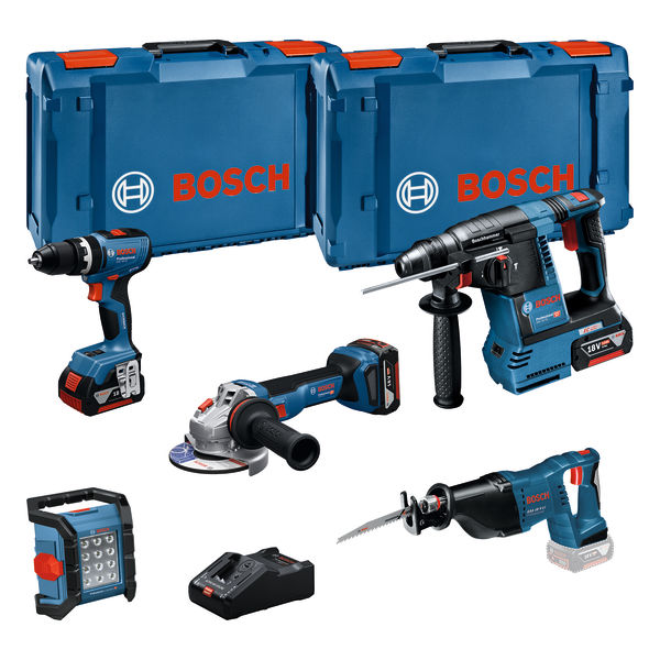 Bosch 18 V 5-Werkzeug-Kombi-Set mit Koffern und Ladegerät. Produktbild Lieferumfang