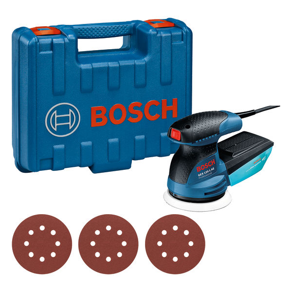 Exzenterschleifer GEX 125-1 AE von Bosch mit Koffer und Schleiftellern. Produktbild Lieferumfang