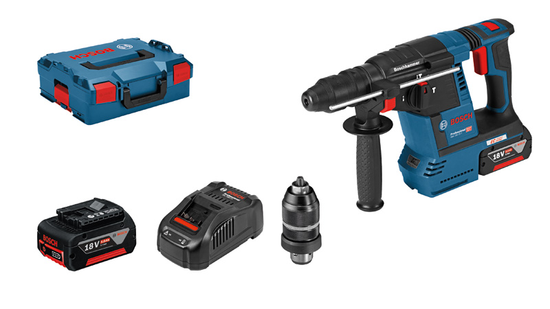 Bosch Bohrhammer GBH 18V-26 F mit Koffer und Zubehör. Produktbild Lieferumfang