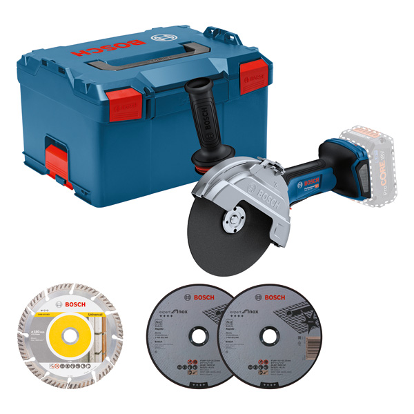 Bosch GWS 18V-180 P Akku-Winkelschleifer-Set. Produktbild Lieferumfang