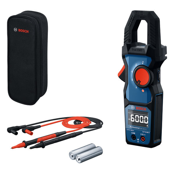 Digitales Zangenmessgerät-Set von Bosch mit Leitungen, Tasche und AA-Batterien. Produktbild Lieferumfang