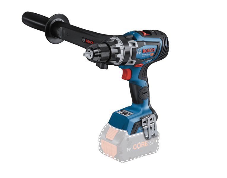 Bosch GSR 18V-150 C Akku-Bohrschrauber mit Seitengriff. Produktbild dynamisch