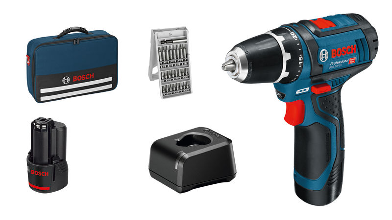 Bosch GSR 12V-15 Akku-Bohrschrauber-Set mit Koffer und Zubehör. Produktbild Lieferumfang