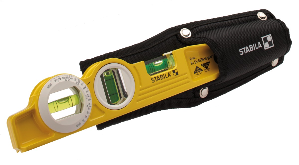 STABILA Magnet-Wasserwaage Type 81 SV REM W360 Torpedo mit Tasche, 25 cm, Alu-Gussprofil, Seltenerd-Magnetsystem, 1 Sechsring-Horizontal-/ 1 Vertikal-/ 1 Winkel-Libelle, Made in Germany STD