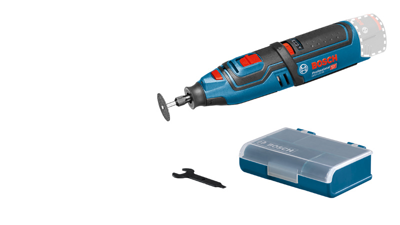 Akku-Rotationswerkzeug GRO 12V-35 von Bosch mit Zubehörkoffer. Produktbild Lieferumfang