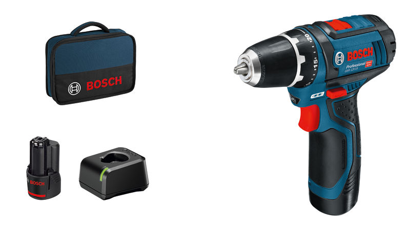Bosch GSR 12V-15 Akku-Bohrschrauber-Set mit Akku und Ladegerät. Produktbild Lieferumfang