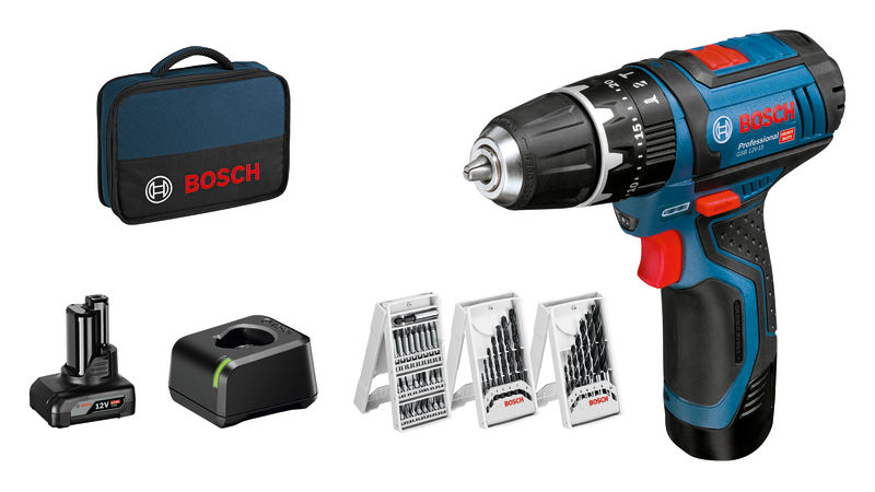 Bosch GSB 12V-15 Akku-Bohrschrauber-Set mit Akku und Bits. Produktbild Lieferumfang