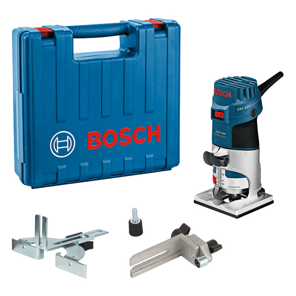 Bosch GKF 600 Handfräse-Set mit Koffer und Zubehör. Produktbild Lieferumfang
