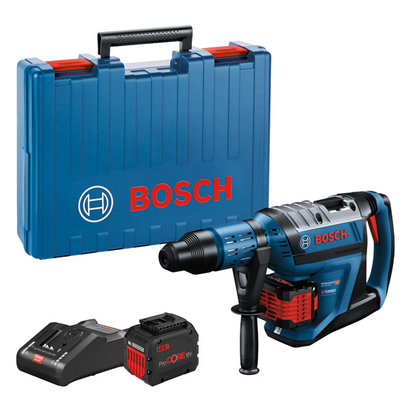 Bosch Bohrhammer GBH 18V-45 C mit Koffer und Akku. Produktbild Lieferumfang