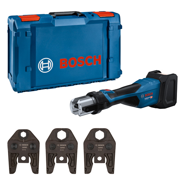 Akku-Presswerkzeug 18V-32 von Bosch mit Koffer und Backen. Produktbild Lieferumfang