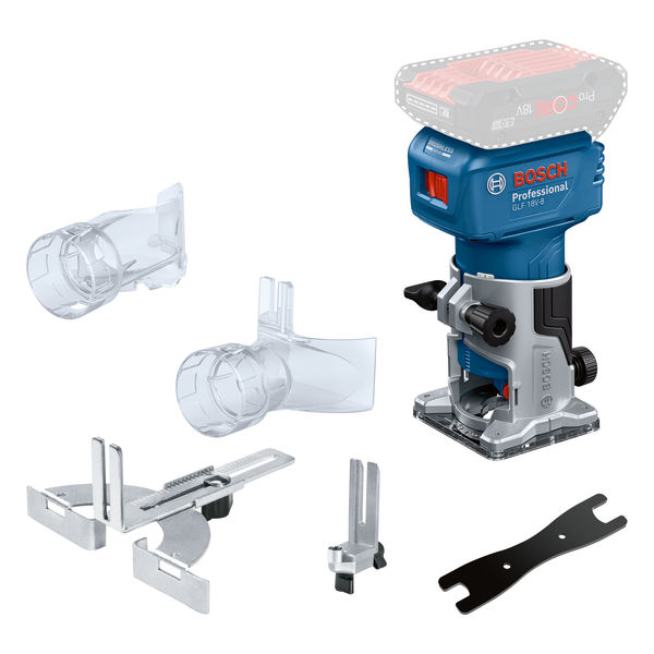 Bosch GLF 18V-8 Akku-Laminatschneider mit Zubehör. Produktbild Lieferumfang