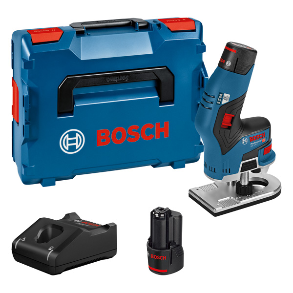 Bosch GKF 12V-8 Akku-Handfräse mit Koffer und Ladegerät. Produktbild Lieferumfang
