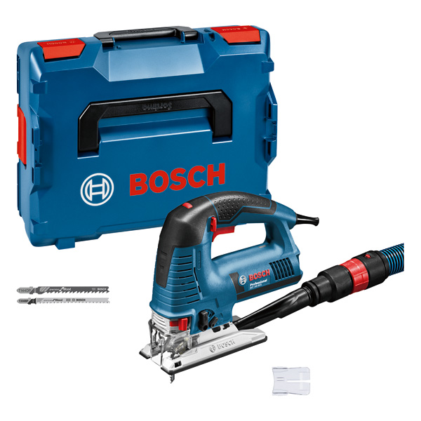 Stichsäge Bosch GST 160 BCE mit Koffer und Staubabsaugung. Produktbild Lieferumfang
