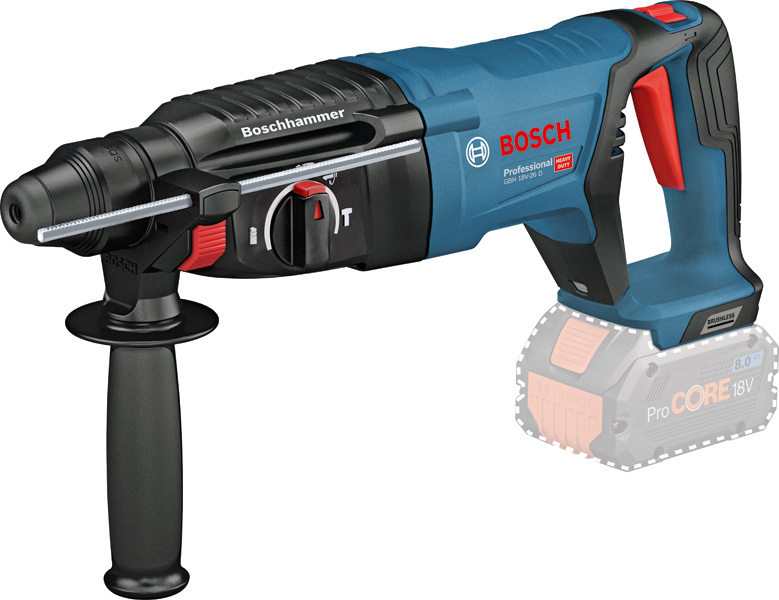 Bosch GBH 18V-26 D Bohrhammer mit Seitengriff. Produktbild dynamisch