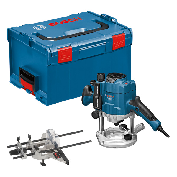 Bosch Oberfräse GOF 1250 CE mit Koffer und Parallelanschlag. Produktbild Lieferumfang